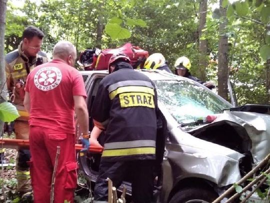 19-latek zjechał z drogi i rozbił samochód na drzewie. Poszkodowana została 17-letnia pasażerka