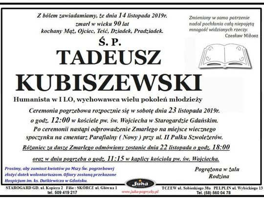 Nie żyje Tadeusz Kubiszewski, wieloletni nauczyciel i były dyrektor I LO w Starogardzie. Miał 90 lat
