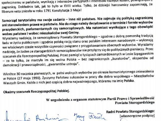 Okażmy szacunek Rzeczypospolitej Polskiej. List otwarty radnych powiatowych 