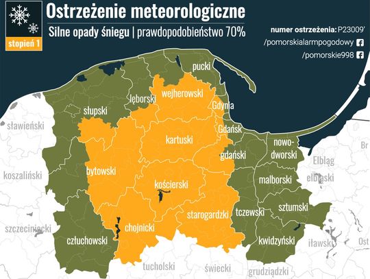 Pomorski Alarm Pogodowy ostrzega: może spaść ponad 10 centymetrów śniegu