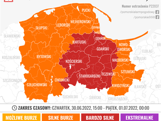  UWAGA! Trzeci stopień ostrzeżeń dla powiatu starogardzkiego! Przewidywane silne burze i grad 