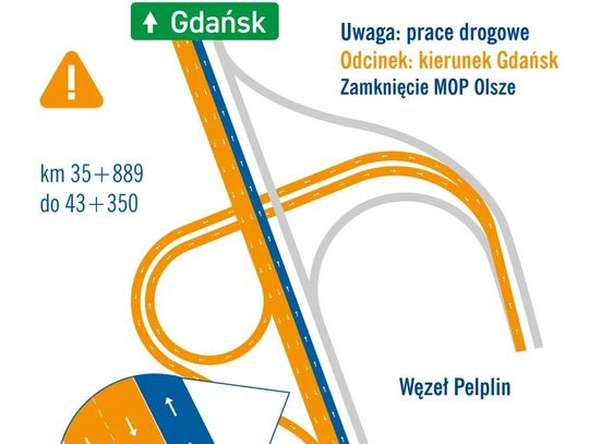 UWAGA: Zamknięcie węzła Pelplin na Autostradzie A1 w kierunku Gdańska