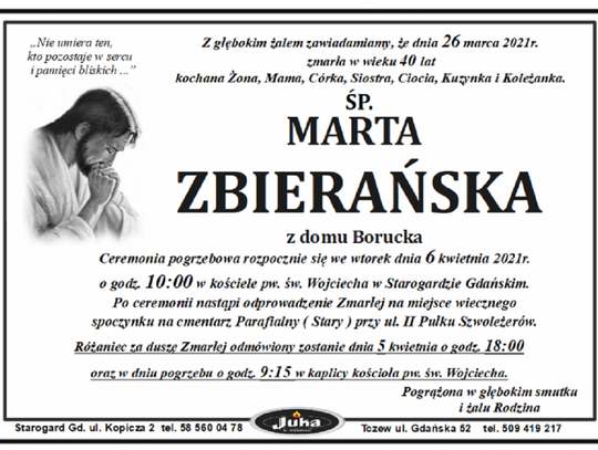 We wtorek (6 kwietnia) pogrzeb śp. Marty Zbierańskiej 