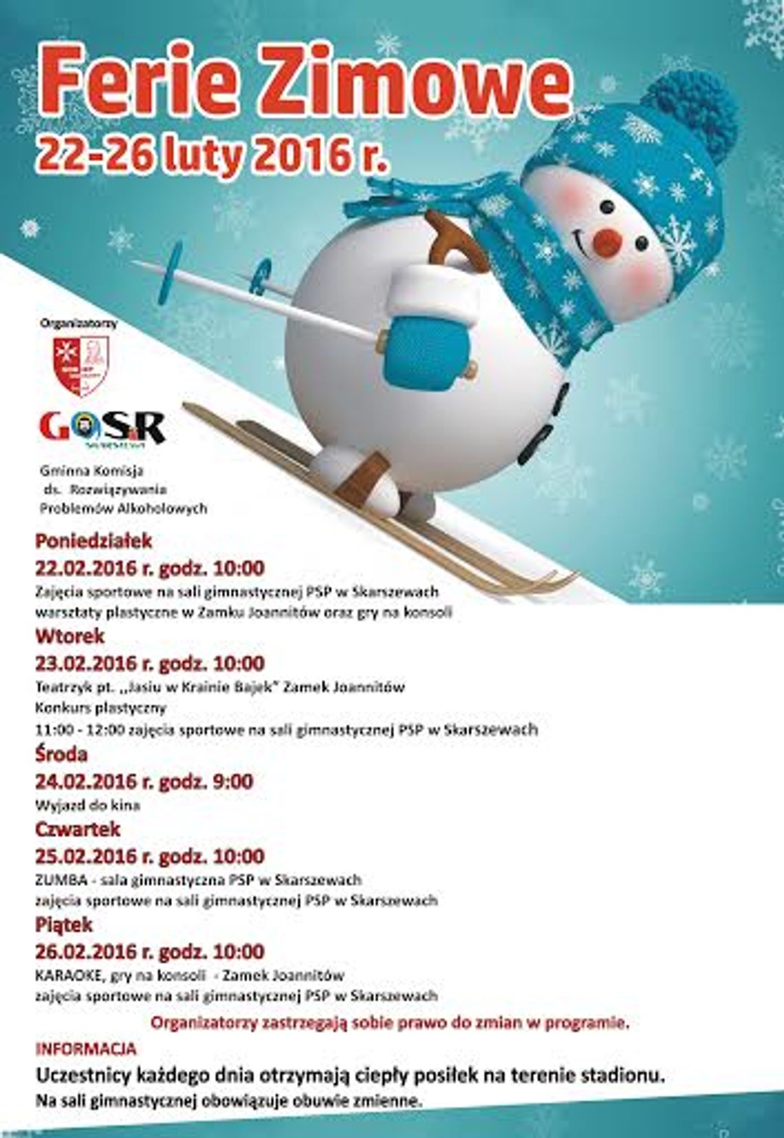 Aktywne ferie w Skarszewach. Sprawdź harmonogram wydarzeń Aktywne ferie w Skarszewach. Sprawdź harmonogram wydarzeń