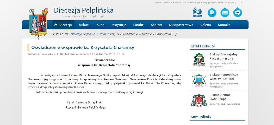 Diecezja Pelplińska reaguje na wyznanie ks. Krzysztofa Charamsy