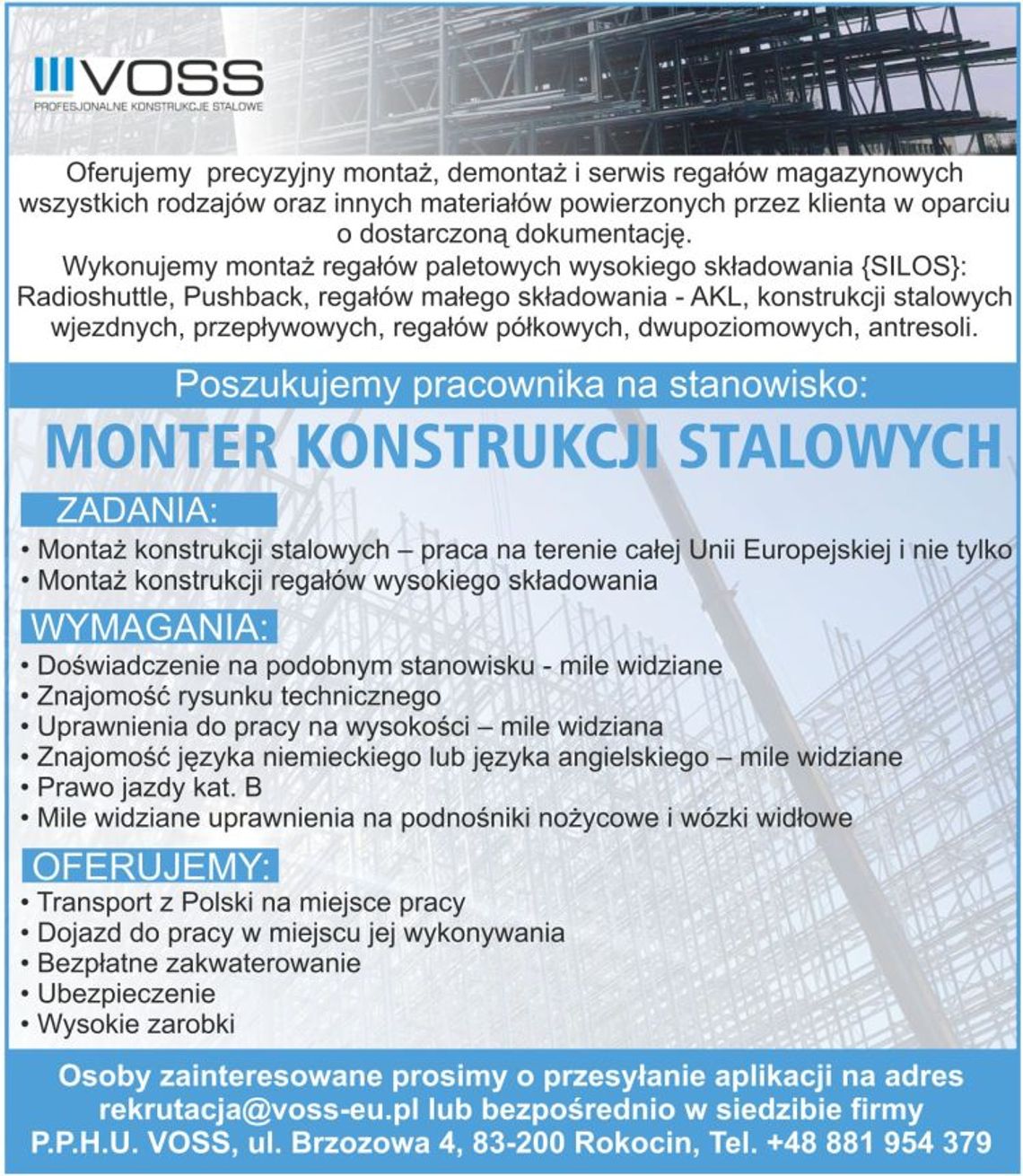 Firma VOSS: Monter Konstrukcji Stalowych poszukiwany!