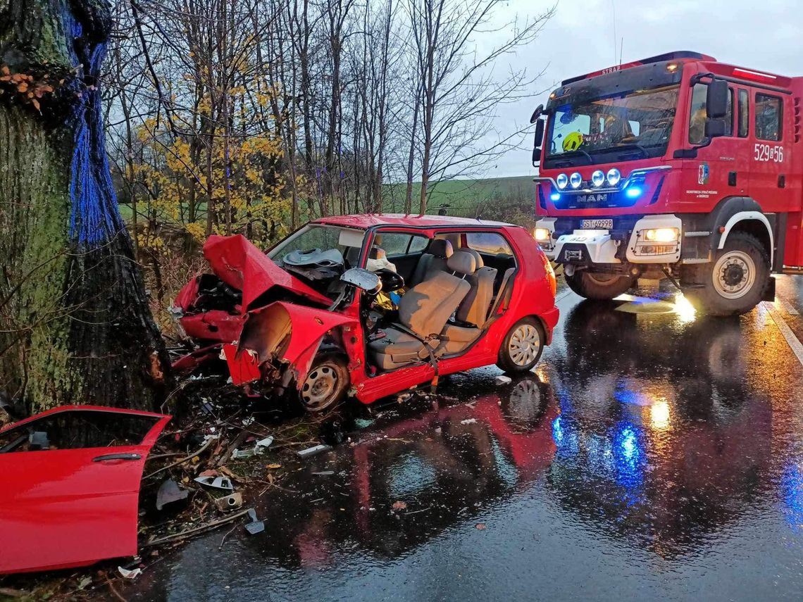 [FOTO] Poważny wypadek na drodze wojewódzkiej. 32-letni kierowca uderzył czołowo w drzewo