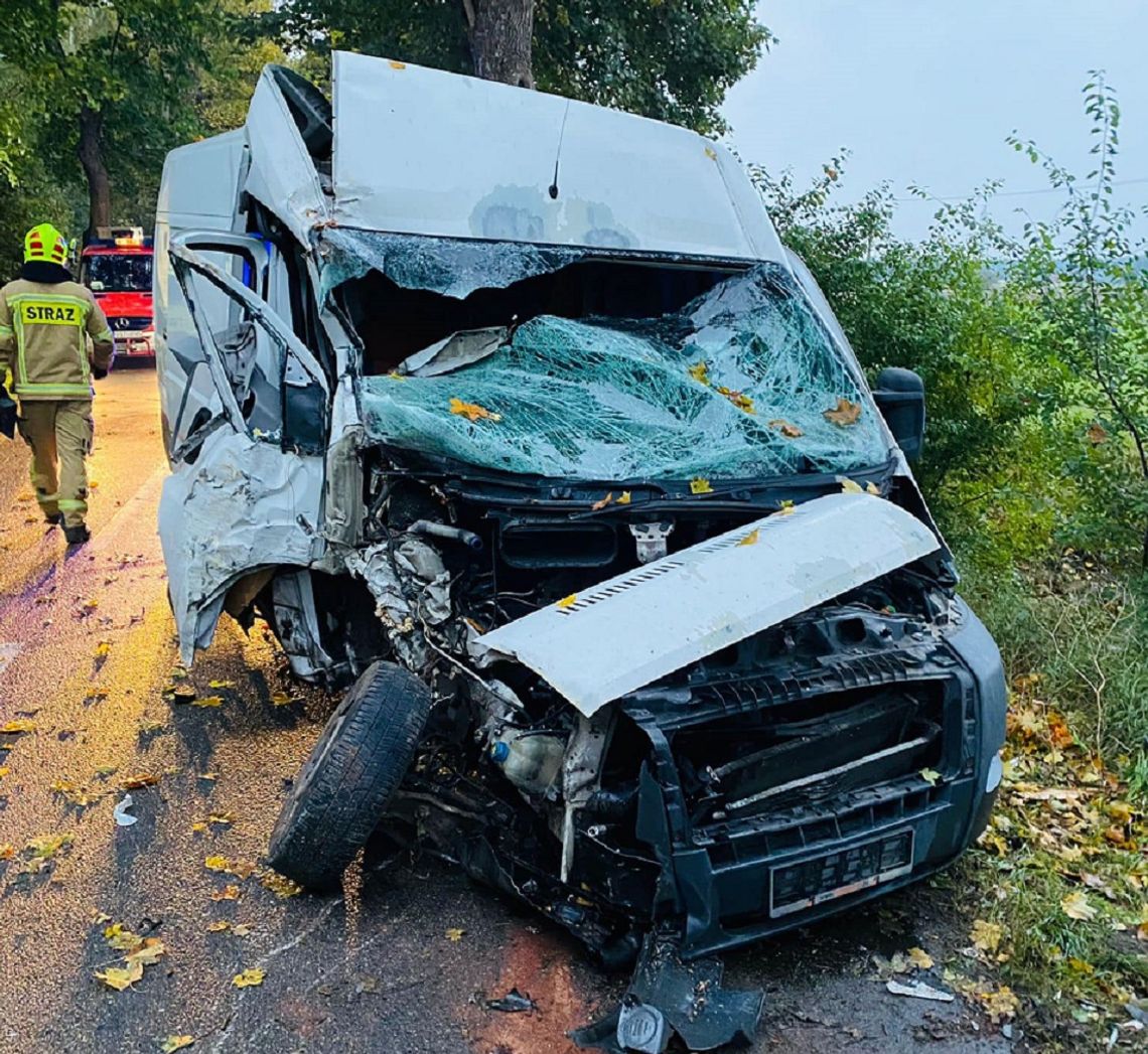 Groźny wypadek w Zblewie. Pojazd dostawczy uderzył w drzewo [FOTO]