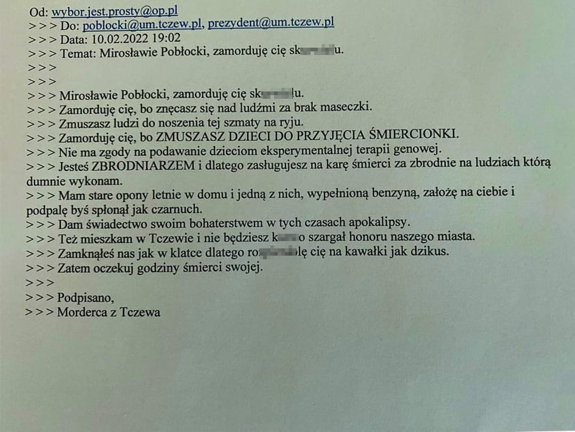 „Morderca z Tczewa” grozi prezydentowi miasta. "Zamorduję cię sku****lu"