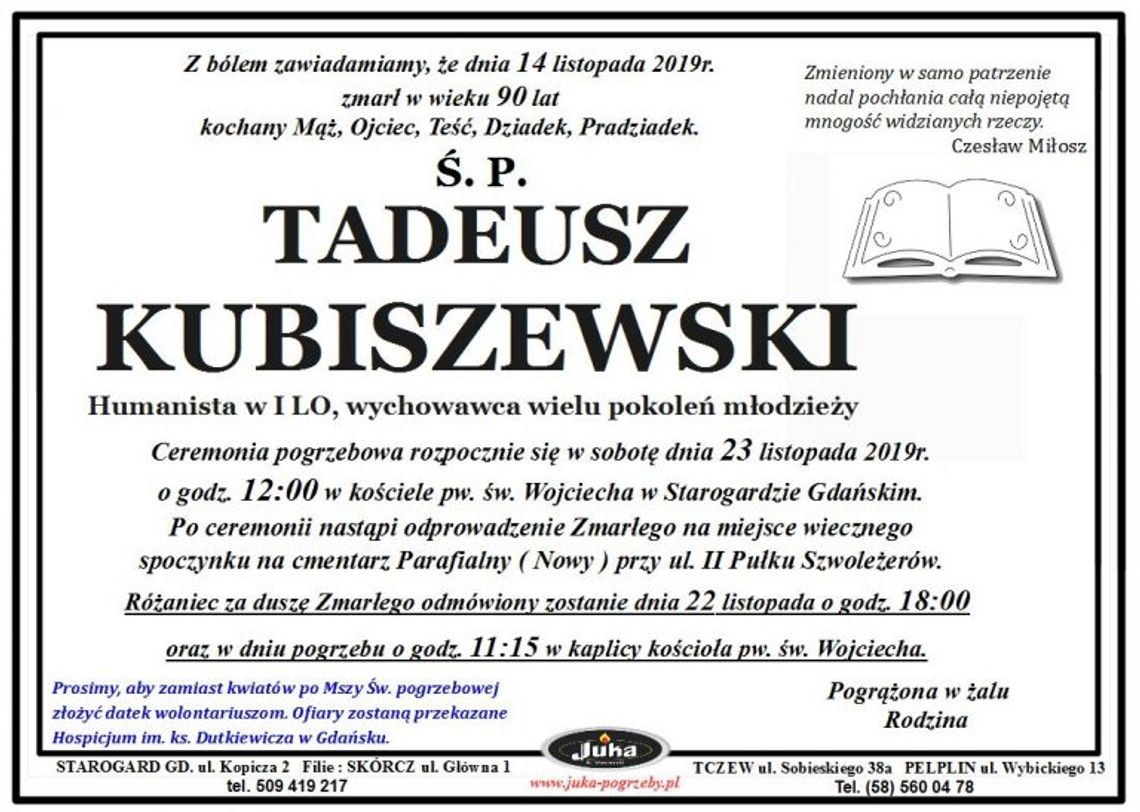 Nie żyje Tadeusz Kubiszewski, wieloletni nauczyciel i były dyrektor I LO w Starogardzie. Miał 90 lat