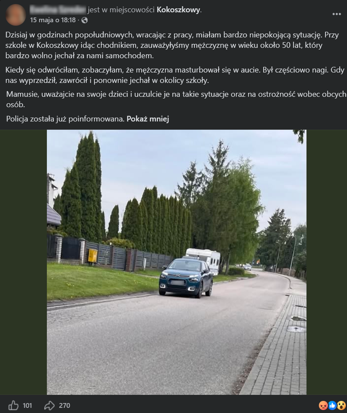 Półnagi mężczyzna w samochodzie pod szkołą?! Niepokojący wpis mieszkanki. Sprawę bada policja Półnagi mężczyzna w samochodzie pod szkołą?! Niepokojący wpis mieszkanki. Sprawę bada policja