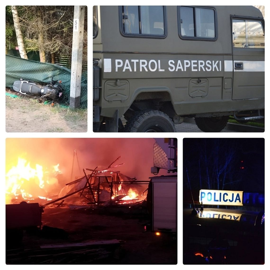 Służby w akcji – pożar gospodarstwa, niewybuchy w Skarszewach i uciekający motocyklista 