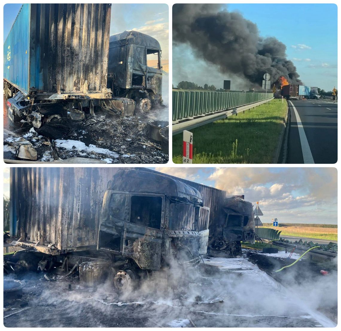 WAŻNE: Tragiczny wypadek na A1! Nie żyje jedna osoba, dwie są ranne. Ciężarówki stanęły w płomieniach