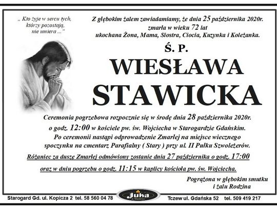 Dziś odbył się pogrzeb Śp. Wiesławy Stawickiej. "Ikona Gazety Kociewskiej" zmarła w ubiegłą niedzielę 